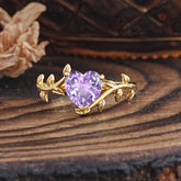 Unique Design Heart Cut 3 Prong Amethyst Leaf Engagement Ring